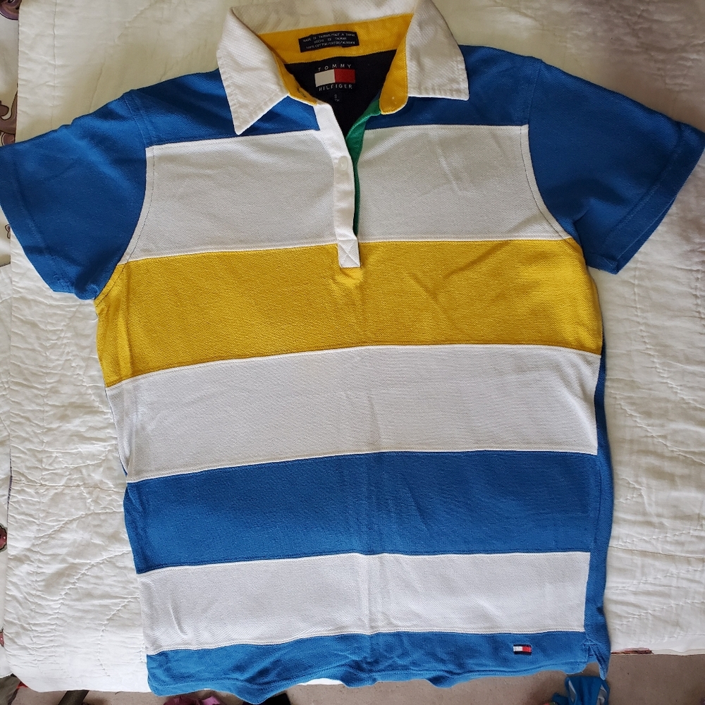 Tommy Hilfiger blue, white, yellow striped polo